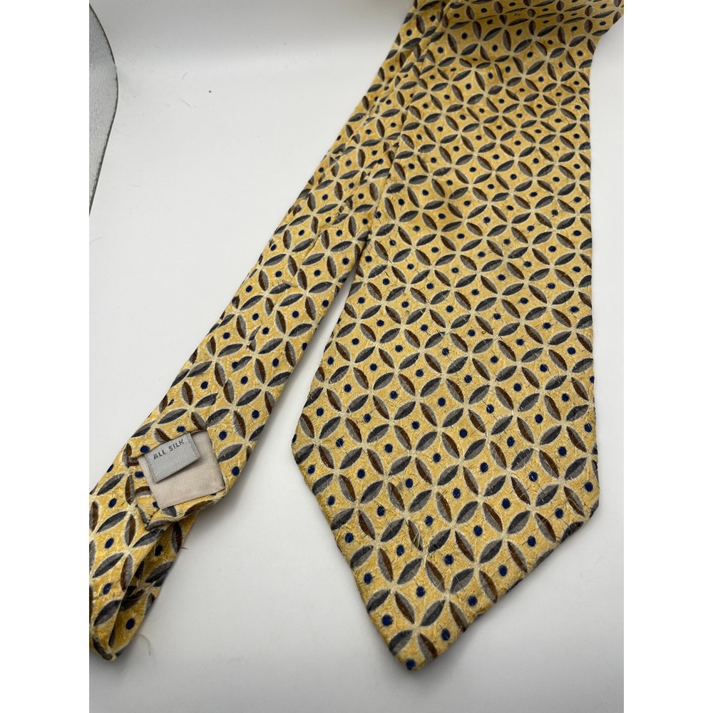 Hastings Traditions Mens Silk Necktie Yellow Grey Blue Geometric Pattern 3.75"